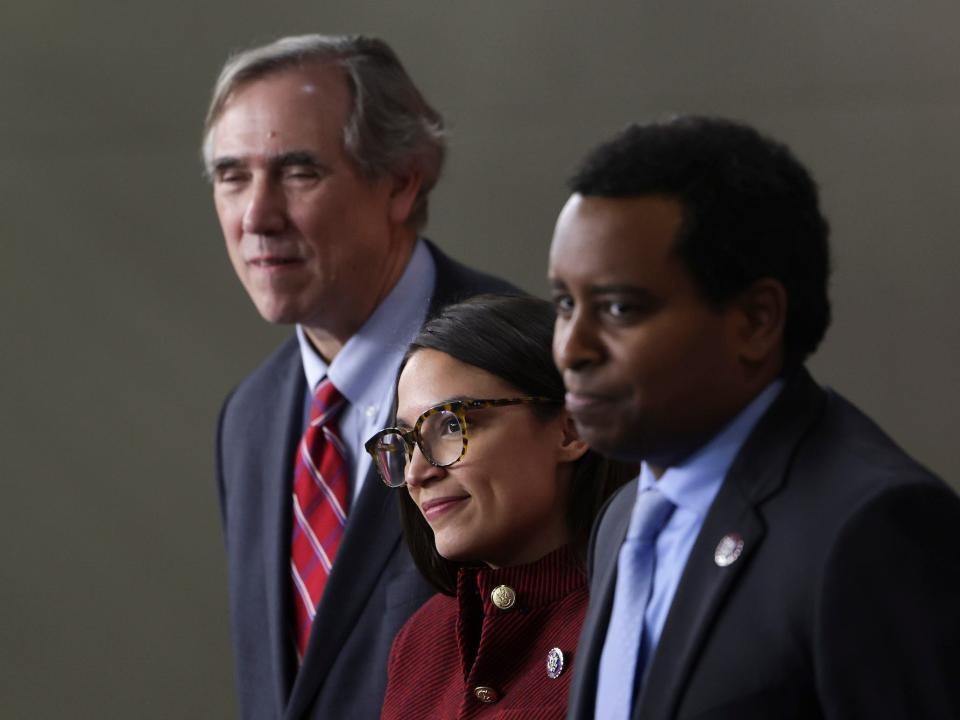 Merkley, Ocasio-Cortez, and Neguse at Thursday’s press conference on a stock trading ban. All three are cosponsors of the Ban Conflicted Trading Act.