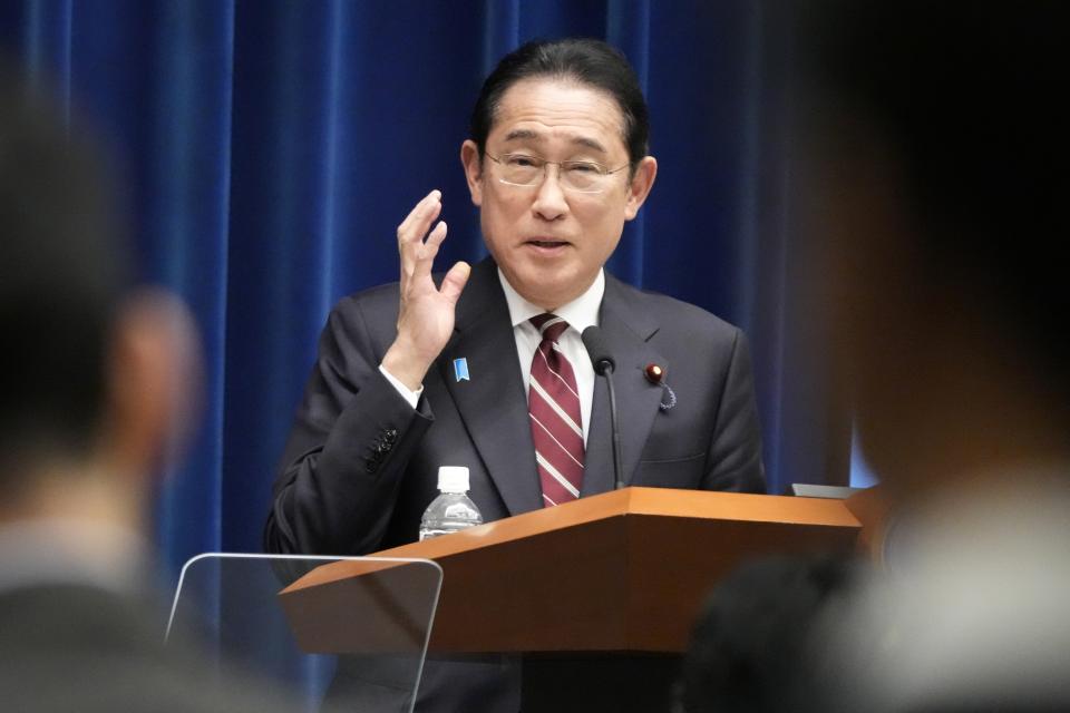 Japan's Prime Minister Fumio Kishida answers a question from a journalist, during a press conference, in Tokyo, Thursday, March 28, 2024. (AP Photo/Eugene Hoshiko, Pool)