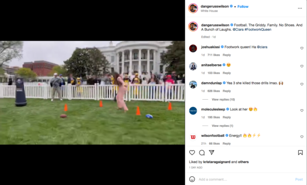 Ciara amazes fans with her football skills while running drills at the White House. Photo:@dangerusswilson/Instagram
