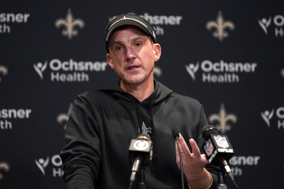 New Orleans Saints head coach Dennis Allen speaks during a news conference following an NFL football game against the New York Giants Sunday, Dec. 17, 2023, in New Orleans. The Saints won 24-6. (AP Photo/Gerald Herbert)