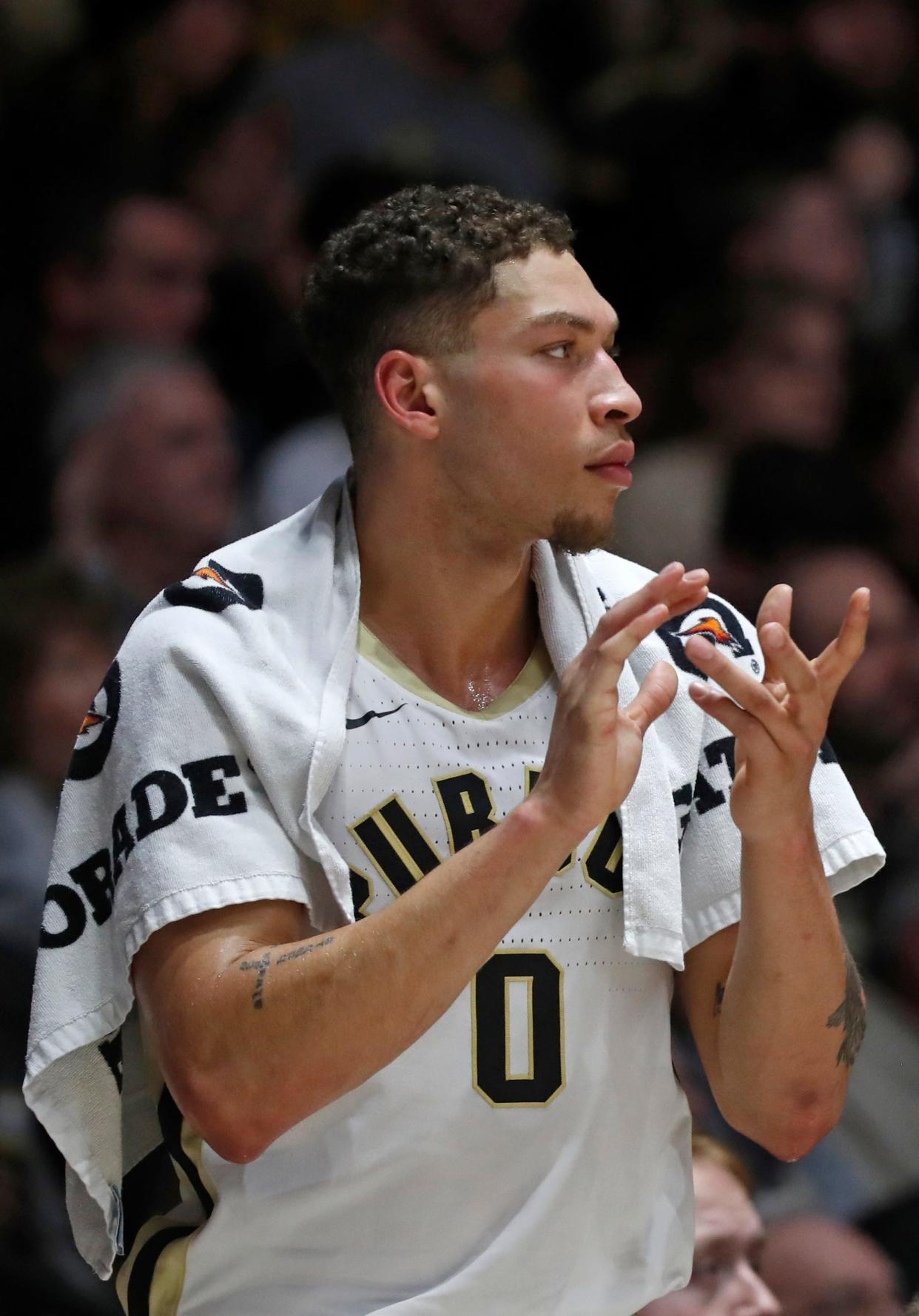 Purdue Boilermakers forward Mason Gillis (0) reacts to a play during the NCAA men’s basketball game against the Eastern Kentucky Colonels, Friday, Dec. 29, 2023, at Mackey Arena in West Lafayette, Ind.