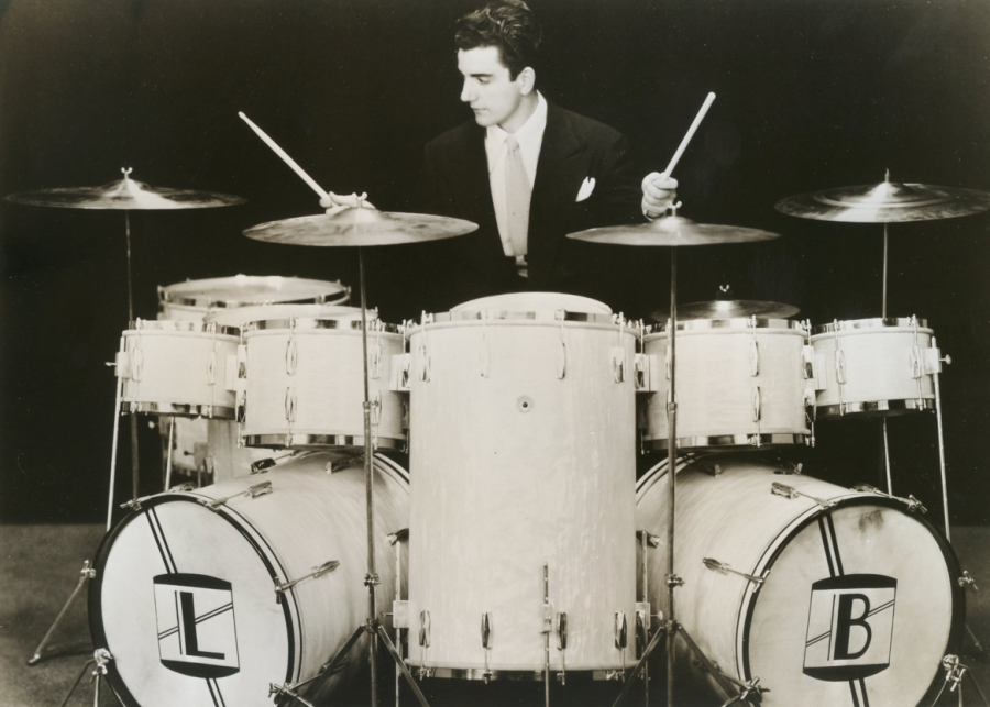 Bellson with his trademark double bass drums in the Tommy Dorsey Orchestra, 1947.