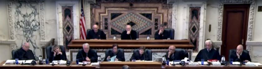 A screenshot of an en banc panel of the 9th U.S. Circuit Court of Appeals on June 6, 2016, while hearing the San Diego-based case Peruta v. County of San Diego involving concealed-carry gun permits.