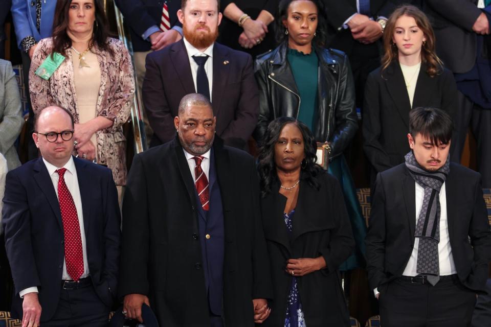 Rodney Wells and RowVaughn Wells, parents of Tyre Nichols, and Brandon Tsay, hero of the Monterey, California, shooting, wait for the start of U.S. President Joe Biden's State of the Union address in the House Chambers of the U.S. Capitol on February 07, 2023 in Washington, DC. The speech marks Biden's first address to the new Republican-controlled House. (Photo by Win McNamee/Getty Images) (Getty Images)