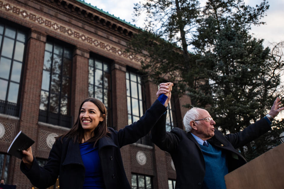 Rep. Alexandria Ocasio-Cortez (D-N.Y.) introduces Sen. Bernie Sanders (I-Vt.) in Ann Arbor, Michigan, on Sunday. It was her first campaign-trail appearance for Sanders in nearly a month. (Photo: Salwan Georges/The Washington Post/Getty Images)