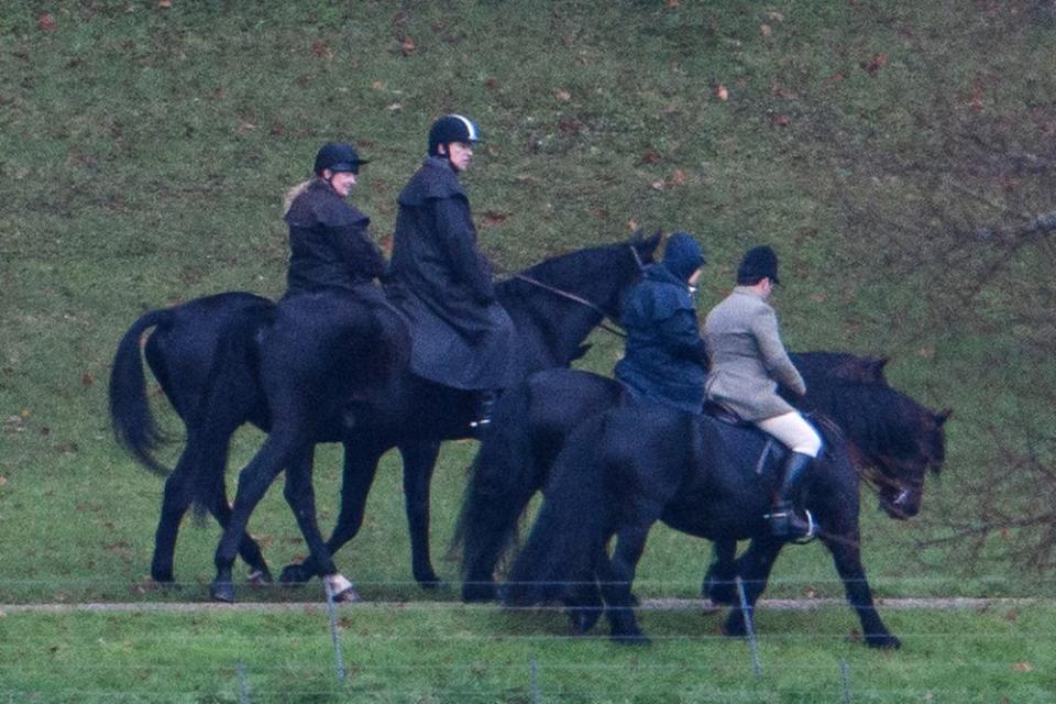 Prince Andrew (center) riding with his mother Queen Elizabeth (second from right) in Windsor on Nov. 22. | Ben Cawthra/Sipa