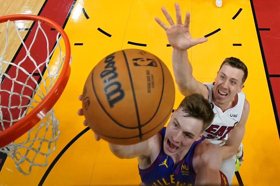 Christian Braun shoots against Duncan Robinson during Game 3 of the NBA Finals. Braun finished with 15 points.