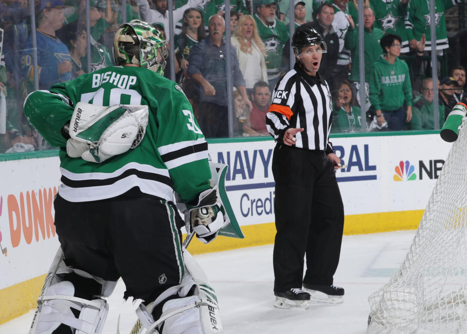 DALLAS, TX - MAY 1: Ben Bishop #30 of the Dallas Stars complains to an official after being slashed in the back without a call against the St. Louis Blues in Game Four of the Western Conference Second Round during the 2019 NHL Stanley Cup Playoffs at the American Airlines Center on May 1, 2019 in Dallas, Texas. (Photo by Glenn James/NHLI via Getty Images)  