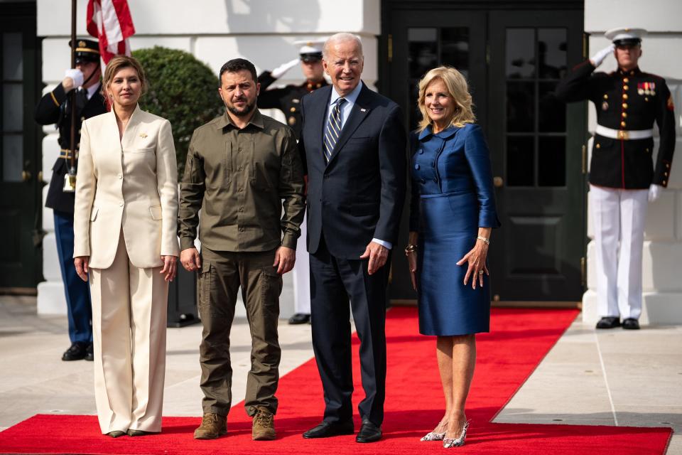 Ukrainian President Volodymyr Zelenskyy and his wife Olena Zelenska visit President Joe Biden and first lady Jill Biden at the White House on Sept. 21, 2023.