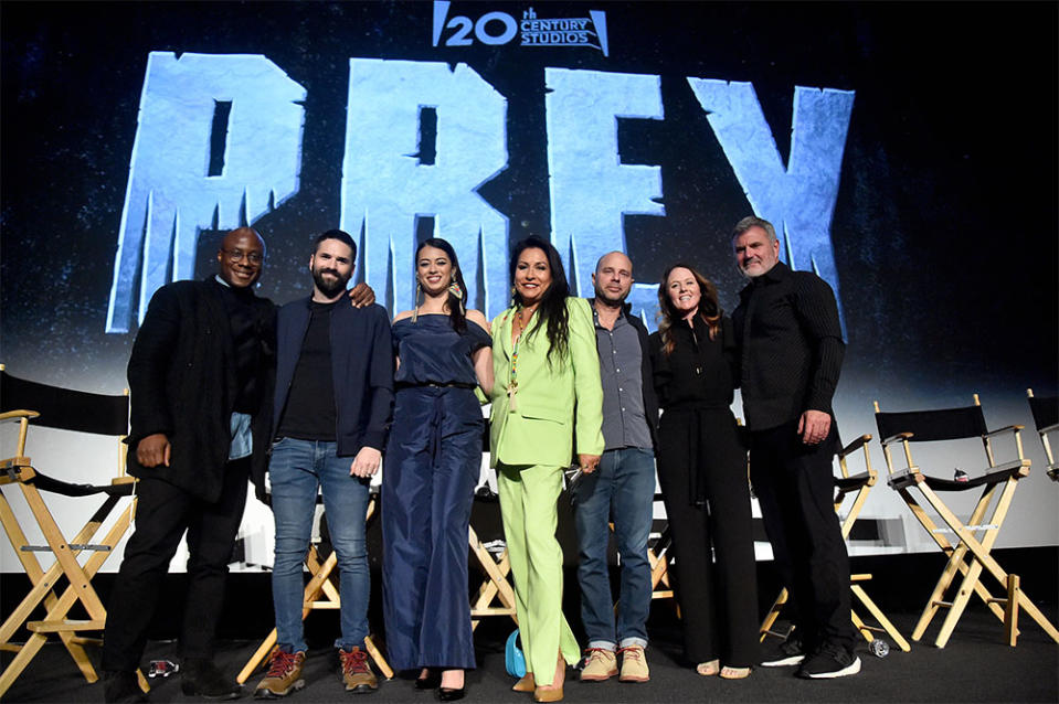 Barry Jenkins, Dan Trachtenberg, Amber Midthunder, Jhane Myers, Jeff Cutter, Angela M. Catanzaro, and Alec Gillis attend the 'Prey' FYC Event at Harmony Gold in Hollywood, California on April 22, 2023.