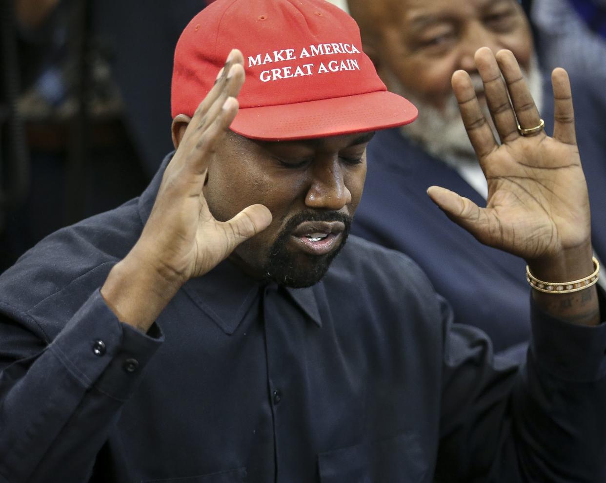 Rapper Kanye West speaks during a meeting with U.S. President Donald Trump in the Oval office of the White House on October 11, 2018 in Washington, DC.