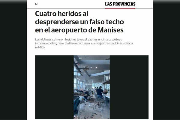 Captura de pantalla de Las Provincias sobre desprendimiento de plafones del techo del aeropuerto en España 