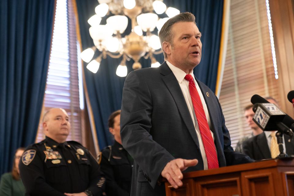 Kansas Attorney General Kris Kobach speaks about his death penalty bill during a news conference Thursday at the Kansas Statehouse.