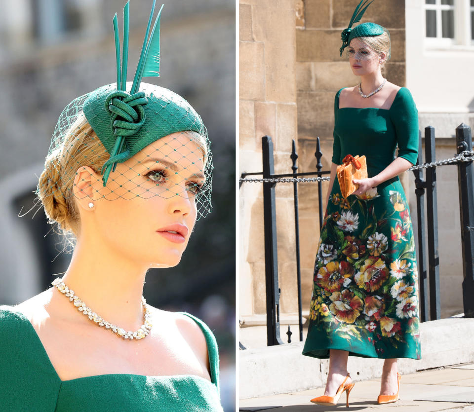 <p>Bei der Hochzeit von Harry und Meghan erschien Lady Kitty in einem grünen Dolce&Gabbana-Kleid mit opulentem Blumenmuster und Federhut. Dazu trug sie leuchtend orange Schuhe und eine farblich passende Clutch. Ein perfektes Farbenspiel. </p>