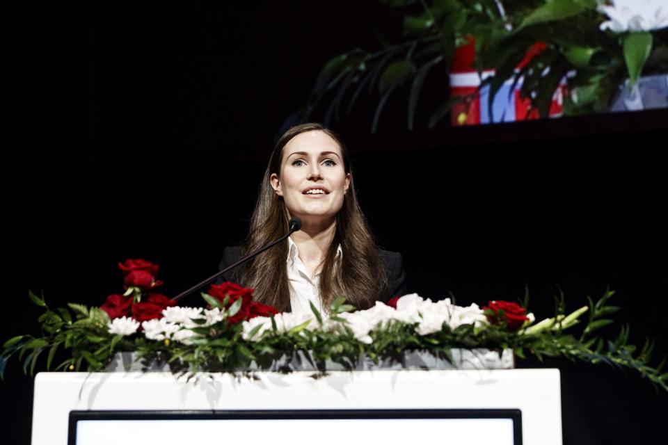Finnish Prime Minister and newly elected Chair of The Social Democratic Party (SDP) of Finland, Sanna Marin speaks at the 46th Social Democratic convention in Tampere, Finland, on Sunday Aug. 23, 2020. (Roni Rekomaa/Lehtikuva via AP)