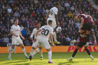Bournemouth's Milos Kerkez, right, heads the ball during the English Premier League soccer match between Bournemouth and Manchester United, at The Vitality Stadium in Bournemouth, England, Saturday, April 13, 2024. (AP Photo/Kirsty Wigglesworth)