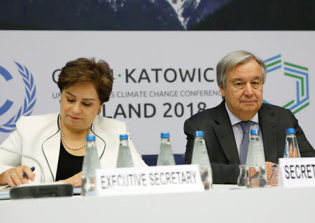 U.N. Secretary General Antonio Guterres and executive secretary of the U.N. Framework Convention on Climate Change Patricia Espinosa attend a meeting with representatives of various NGO organisations before the final session of the COP24 U.N. Climate Change Conference 2018 in Katowice, Poland, December 14, 2018. REUTERS/Kacper Pempel