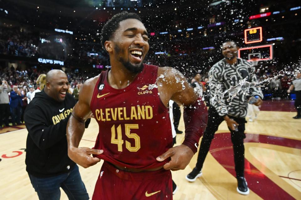 Donovan Mitchell celebrates after scoring 71 points to set the Cleveland Cavaliers franchise record.