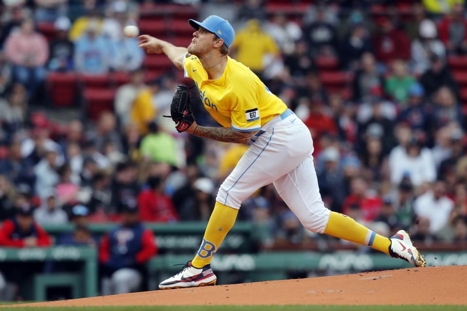 Boston Red Sox's Tanner Houck pitches against the Minnesota Twins during the first inning of a baseball game, Saturday, April 16, 2022, in Boston. (AP Photo/Michael Dwyer)