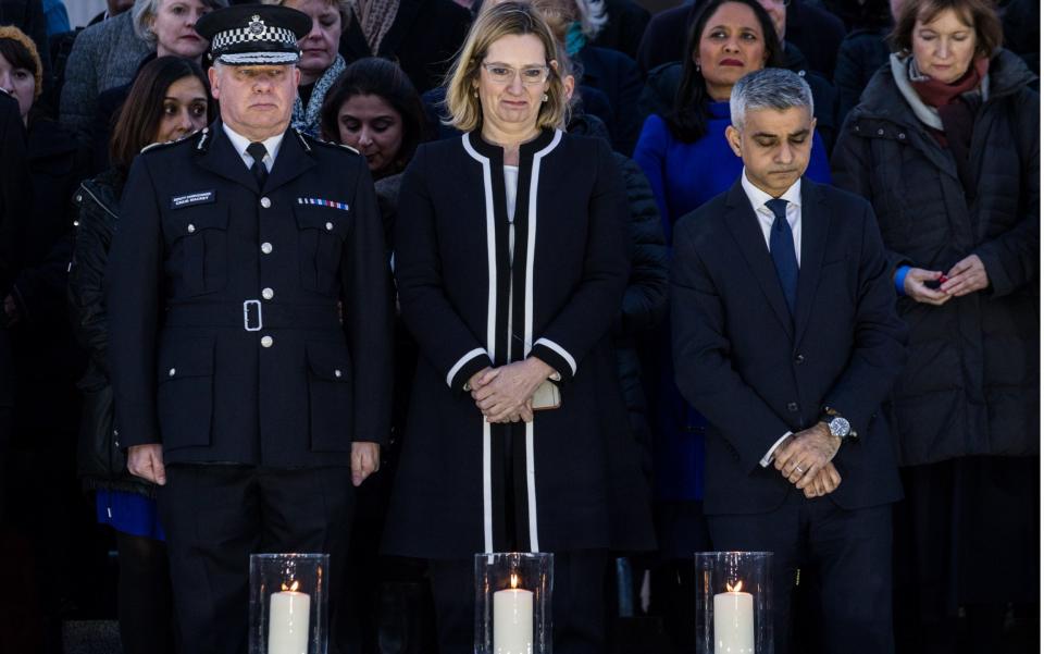 From left: Craig Mackey, deputy commissioner of the Met Police, Amber Rudd, the Home Secretary, and Sadiq Khan, the Mayor of London, attend a candlelit vigil in Trafalgar Square - Credit: James Gourley/REX/Shutterstock