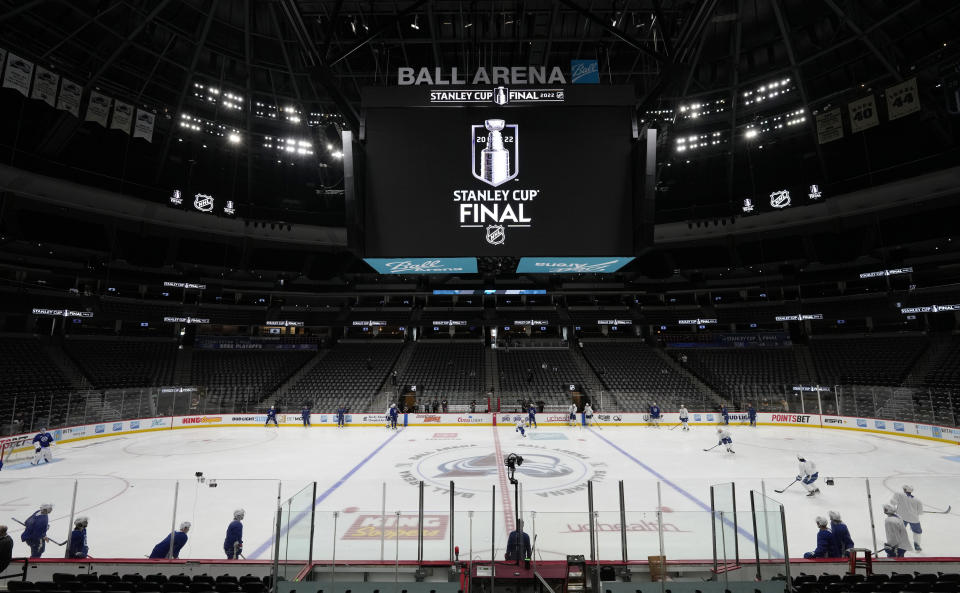 Tampa Bay Lightning players skate during an NHL hockey practice before Game 1 of the Stanley Cup Finals against the Colorado Avalanche, Tuesday, June 14, 2022, in Denver. (AP Photo/David Zalubowski)