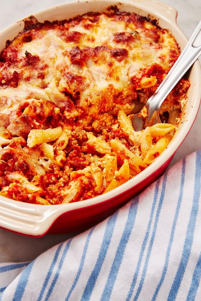 <p>Mostaccioli is essentially an easier version of <a href="https://www.delish.com/cooking/g2149/easy-lasagna-recipes/" rel="nofollow noopener" target="_blank" data-ylk="slk:lasagna" class="link ">lasagna</a> made with <a href="https://www.delish.com/cooking/g3250/penne-pasta/" rel="nofollow noopener" target="_blank" data-ylk="slk:penne" class="link ">penne</a>. 😍 Try it topped with plenty of cheese, and we bet you'll soon have a new favorite to add to the holiday weeknight rotation. </p><p>Get the <strong><a href="https://www.delish.com/cooking/recipe-ideas/a29777181/classic-mostaccioli-recipe/" rel="nofollow noopener" target="_blank" data-ylk="slk:Baked Mostaccioli recipe" class="link ">Baked Mostaccioli recipe</a></strong>.</p>