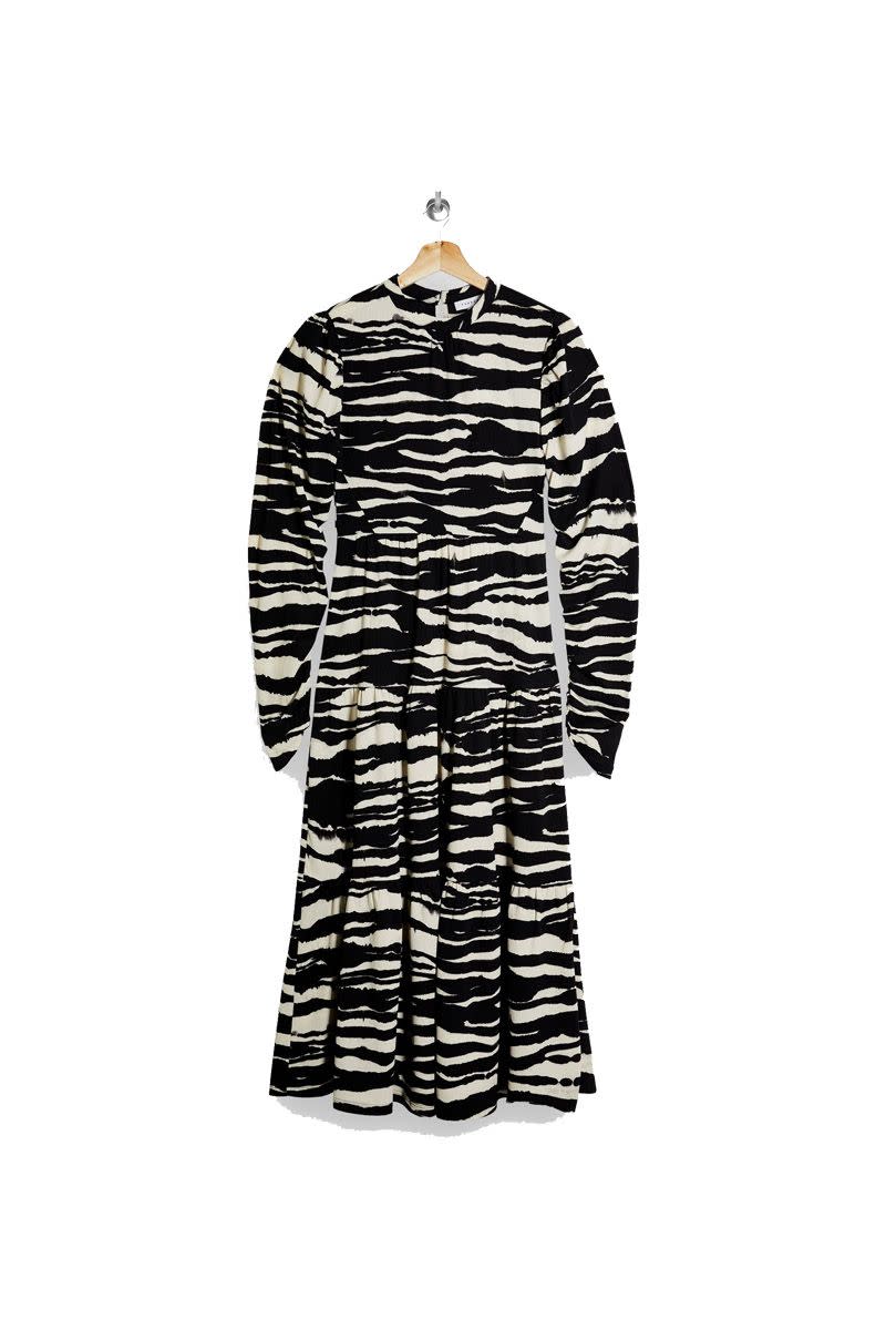 Topshop Black And White Tiered Animal Print Midi Dress