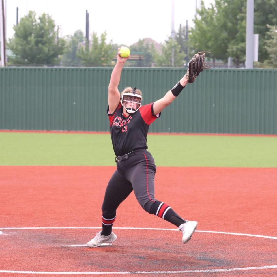 Colleyville Heritage pitcher Lindsey McConnell shut out Justin Northwest in Game 3 of their Class 5A Region I Final series on Saturday, May 27, 2023 at Byron Nelson High School in Trophy Club, Texas.