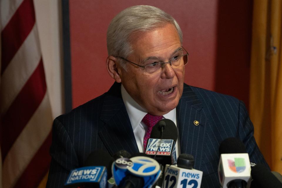 Days after being indicted by the U.S. Attorney's Office on bribery charges, U.S. Sen. Bob Menendez, of New Jersey, announces his reelection bid at a press conference at Hudson County Community College in Union City, N.J., on Monday Sept. 25, 2023.