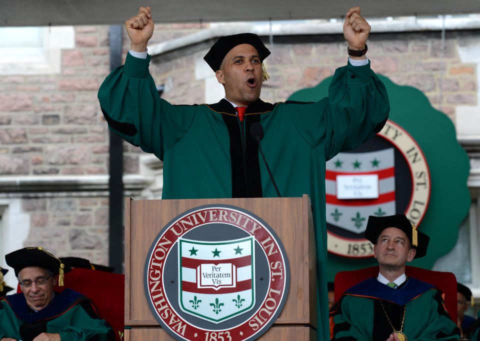 In this photo provided by Washington University in St. Louis, Newark, N.J., Mayor Cory Booker delivers the commencement address at Washington University in St. Louis, Friday, May 17, 2013, in St. Louis. (AP Photo/Washington University in St. Louis, Joe Angeles)