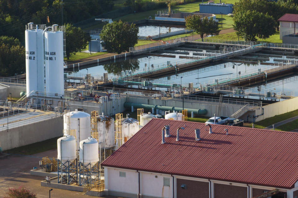 FILE - This is an aerial view of of the City of Jackson's O.B. Curtis Water Plant in Ridgeland, Miss., on Sept. 1, 2022. Local officials in Mississippi's capital city, where a late summer water crisis upended life for 150,00 people, approved an emergency plan Thursday, Nov. 10, 2022, to increase staffing at the city's two water treatment plants. (AP Photo/Steve Helber, File)