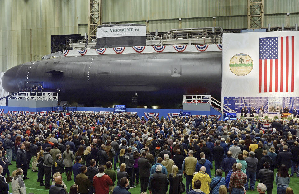 FILE - The United States Navy's nuclear-powered attack submarine USS Vermont is christened at Electric Boat in Groton, Conn., Oct. 20, 2018. President Joe Biden and South Korean President Yoon Suk Yeol are set to sign an agreement including plans to have U.S. nuclear-armed submarines dock in South Korea for the first time in more than 40 years. (Sean D. Elliot/The Day via AP, File)