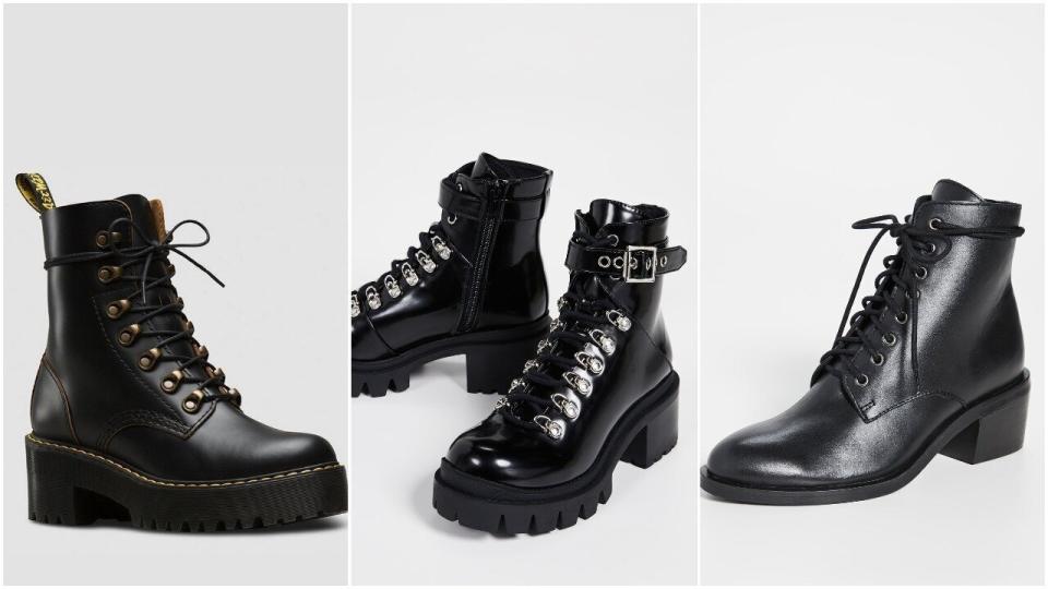 From left: <a href="https://www.drmartens.com/us/en/p/22601001" target="_blank" rel="noopener noreferrer">Dr. Martens Leona boot</a>, $170; <a href="https://www.shopbop.com/czech-combat-boots-jeffrey-campbell/vp/v=1/1535883552.htm?fm=search-viewall-shopbysize&amp;os=false" target="_blank" rel="noopener noreferrer">Jeffrey Campbell Czech combat boots</a>, $165 at <a href="https://www.shopbop.com/" target="_blank" rel="noopener noreferrer">Shopbop</a>;&nbsp;<a href="https://www.shopbop.com/gamin-laceup-boots-jeffrey-campbell/vp/v=1/1539248055.htm?gclid=EAIaIQobChMIz8Kq2cTO5AIVxODICh0q6gXzEAQYEyABEgLnNPD_BwE&amp;currencyCode=USD&amp;extid=SE_froogle_SC_usa&amp;cvosrc=cse.google.JEFFC41026&amp;cvo_campaign=SB_Google_USD&amp;ef_id=EAIaIQobChMIz8Kq2cTO5AIVxODICh0q6gXzEAQYEyABEgLnNPD_BwE:G:s" target="_blank" rel="noopener noreferrer">Jeffrey Campbell Gamin lace-up boots</a>, $170 at&nbsp;<a href="https://www.shopbop.com/" target="_blank" rel="noopener noreferrer">Shopbop</a>.