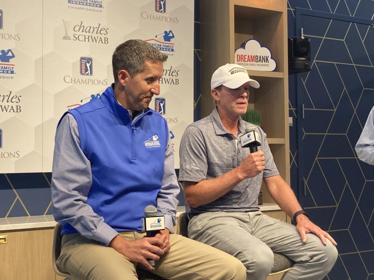 Steve Stricker (right) and American Family Insurance Championship tournament director Nate Pokrass answer questions on Tuesday.