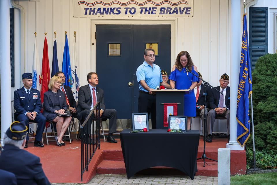 April and Librado Martinez of Londonderry share memories of their fallen son, Spc. Brandon T. Martinez at Sunday's American Legion Post 35 Global War On Terrorism Monument rededication Sept. 11, 2022 in Hampton.