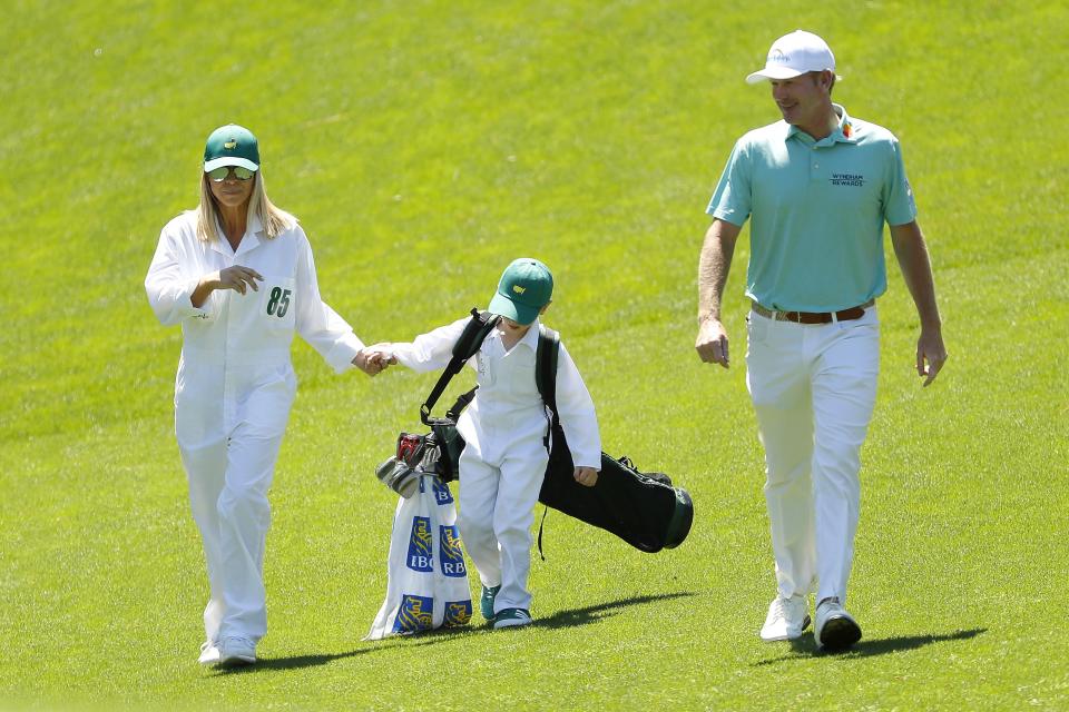 AUGUSTA, GEORGIA - APRIL 10: Brandt Snedeker of the United States walks with wife Mandy and son Austin during the Par 3 Contest prior to the Masters at Augusta National Golf Club on April 10, 2019 in Augusta, Georgia. (Photo by Kevin C. Cox/Getty Images)