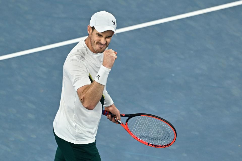 Britain's Andy Murray reacts after winning the fourth set against Australia's Thanasi Kokkinakis during their men's singles match on day four of the Australian Open tennis tournament in Melbourne on January 20, 2023. - -- IMAGE RESTRICTED TO EDITORIAL USE - STRICTLY NO COMMERCIAL USE -- (Photo by Manan VATSYAYANA / AFP) / -- IMAGE RESTRICTED TO EDITORIAL USE - STRICTLY NO COMMERCIAL USE -- (Photo by MANAN VATSYAYANA/AFP via Getty Images)