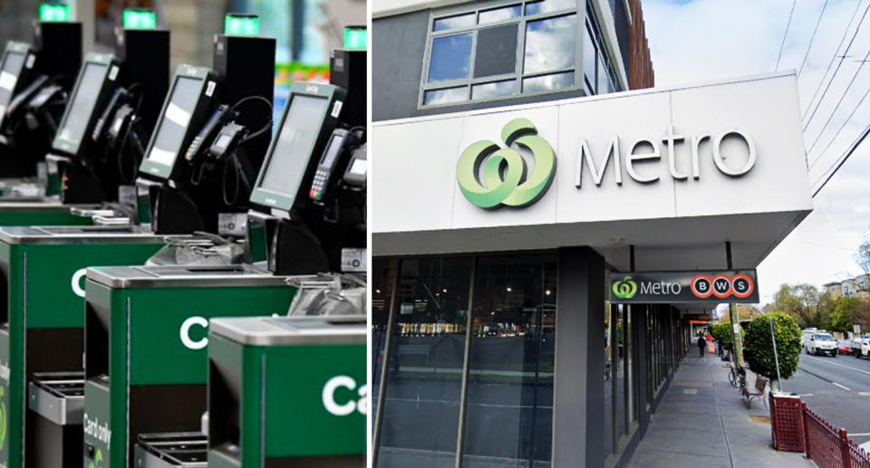 Woolworths self-serve registers (left) and Caulfield North store front (right)