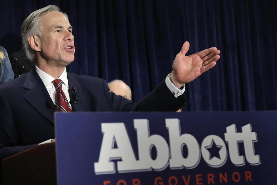 FILE - In this March 4, 2014, file photo, Texas Attorney General Greg Abbott talks to supporters during his victory party in San Antonio, after he won the Republican nomination for Texas governor. Abbott would not sign a measure to make it easier for women to bring pay discrimination lawsuits in state court if he were governor, a spokesman said Wednesday, March 19, 2014, hoping to get past an issue that has dogged the campaign for weeks. (AP Photo/Eric Gay, File)