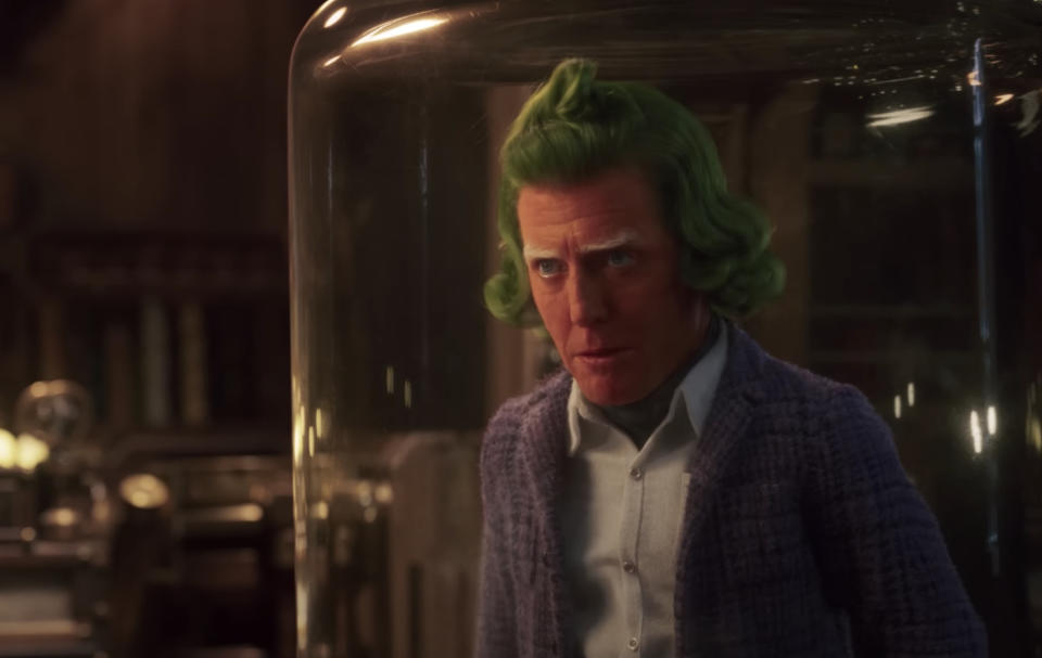 A closeup of Hugh as an oompa loompa