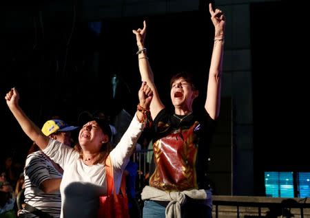 Opposition supporters react while waiting for results of the unofficial plebiscite against President Nicolas Maduro's government and his plan to rewrite the constitution, in Caracas, Venezuela July 16, 2017. REUTERS/Marco Bello