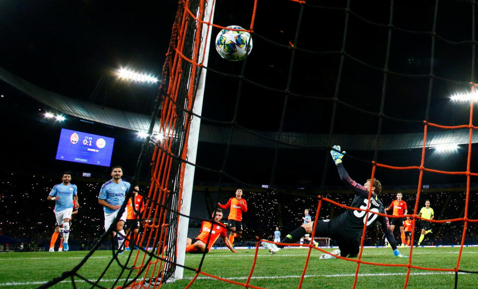 Soccer Football - Champions League - Group C - Shakhtar Donetsk v Manchester City - Metalist Stadium, Kharkiv, Ukraine - September 18, 2019  Manchester City's Ilkay Gundogan scores their second goal   REUTERS/Gleb Garanich