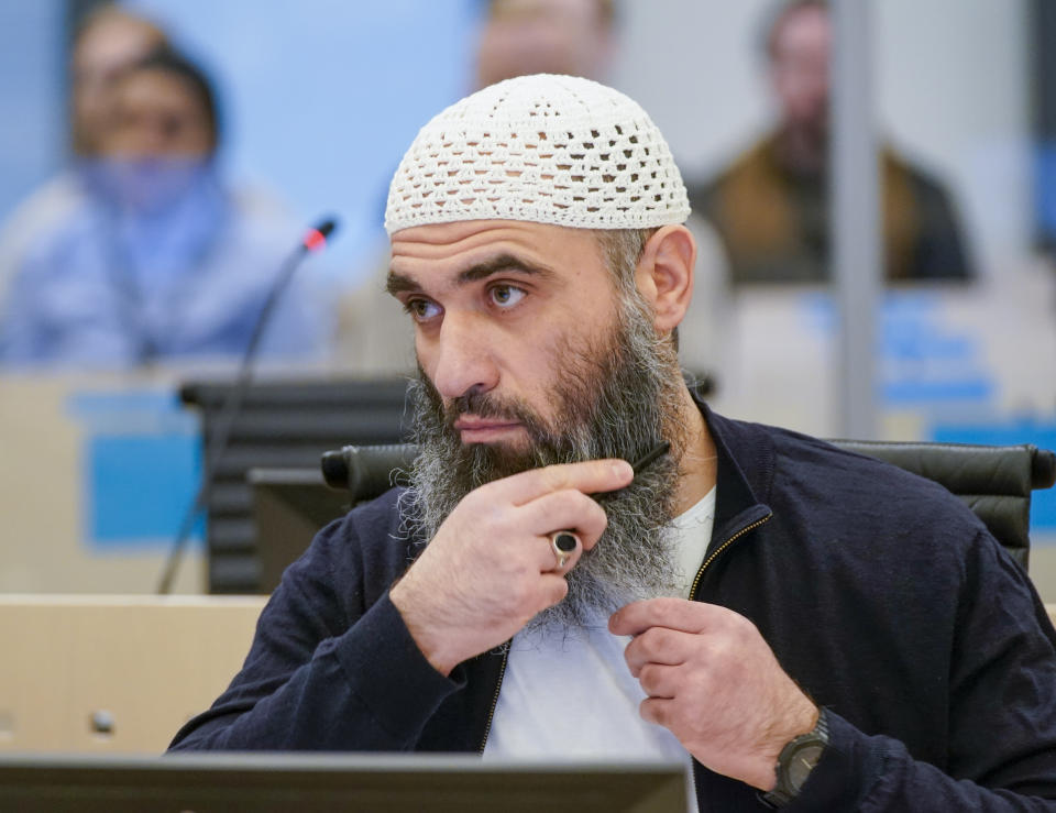 Zaniar Matapour in Oslo courthouse Tuesday, March 12, 2024. The trial has begun in Norway for a man accused of aggravated terrorism for the deadly shooting at an LGBTQ+ festival in Oslo’s nightlife district. Two people were killed and nine seriously wounded in the shooting in June 2022. The prosecutor says the Norwegian citizen originally from Iran had sworn allegiance to the Islamic State group. (Lise Åserud/NTB Scanpix via AP)