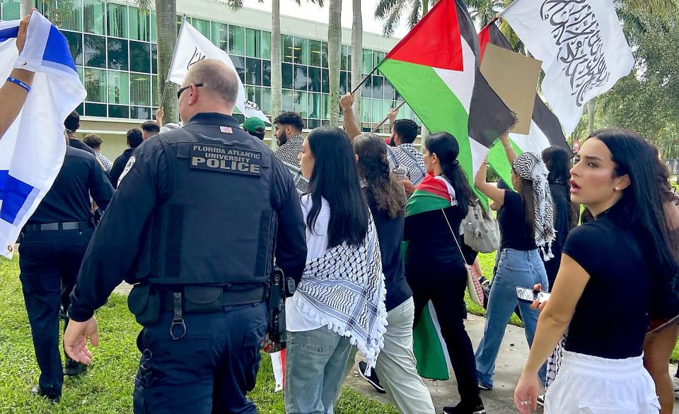 A pro-Palestinian march Wednesday on Florida Atlantic University's campus was organized by the FAU Muslim Student Association. It included about 100 protesters and ultimately was met with counter protesters, resulting in three arrests.