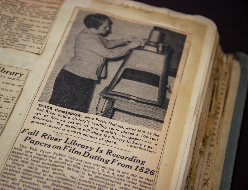 A newspaper article from 1952, kept in a scrapbook at the Fall River Public Library, describes the library's initial effort to preserve newspaper pages in microfilm.