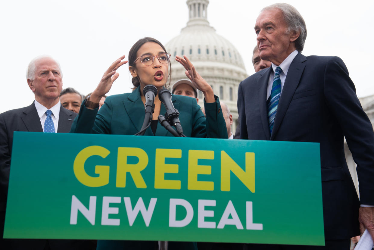 Rep. Alexandria Ocasio-Cortez, D-N.Y., and Den. Ed Markey, D-Mass., during a press conference to announce the Green New Deal in Washington, D.C., Feb. 7, 2019. (Photo by Saul Loeb/AFP/Getty Images)