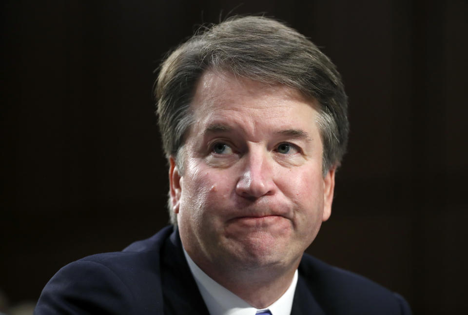 In this Sept. 6, 2018 photo, Supreme Court nominee Brett Kavanaugh reacts as he testifies after questioning before the Senate Judiciary Committee on Capitol Hill in Washington. Official Washington is scrambling Monday to assess and manage Kavanaugh’s prospects after his accuser, Christine Blasey Ford, revealed her identity to The Washington Post and described an encounter she believes was attempted rape. Kavanaugh reported to the White House amid the upheaval, but there was no immediate word on why or whether he had been summoned. (AP Photo/Alex Brandon)