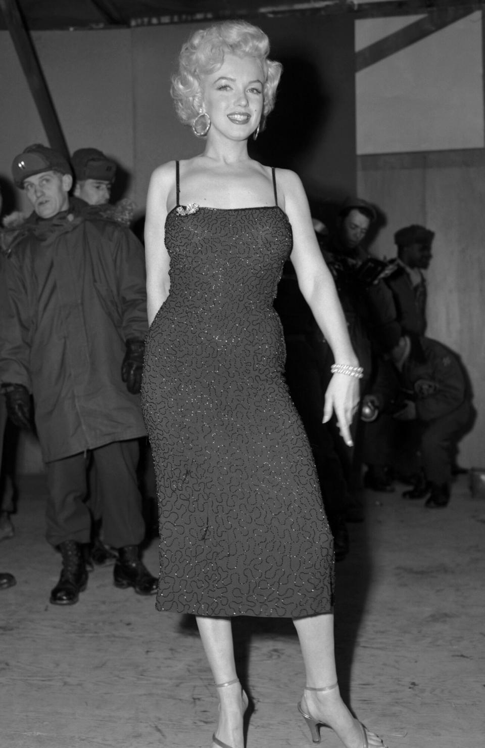 Marilyn Monroe during a night show for the 25th Marine Division in Korea.
