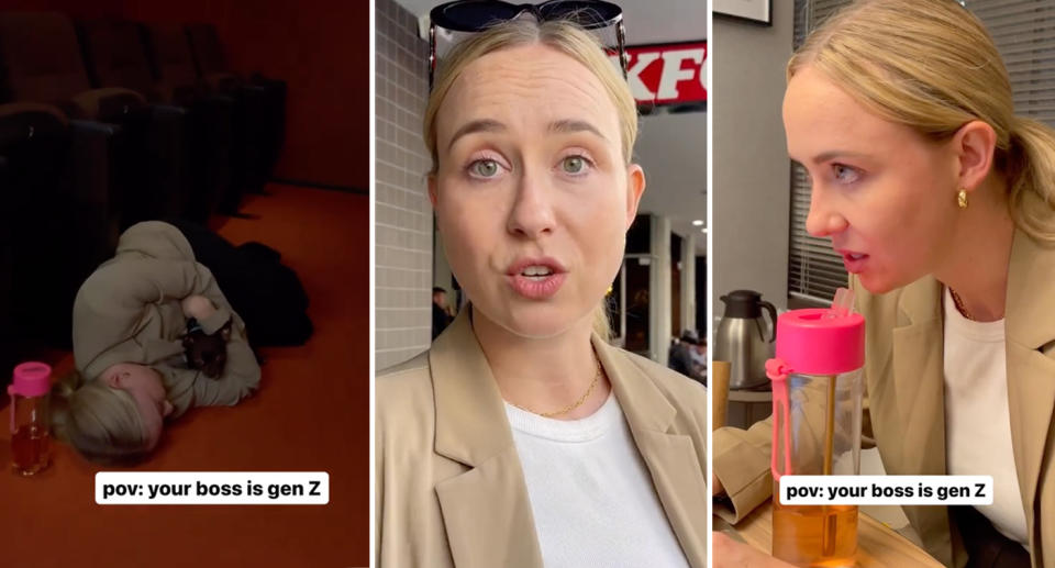 Gen-Z boss Milly in stills from her TikTok videos, lies on the ground to rest, speaks to her colleague and drinks from a large drink bottle.