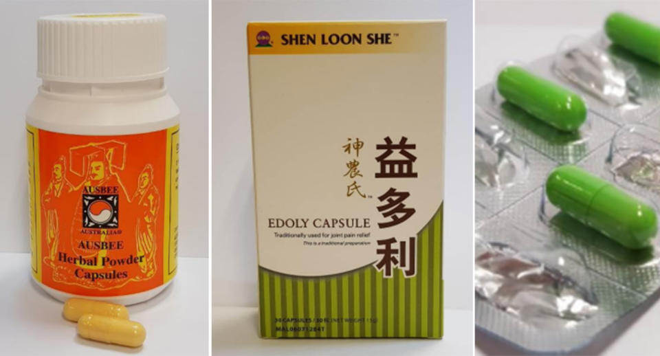 The Ausbee Australia Ausbee Herbal Powder Capsules (left) and the Shen Loon She Edoly Capsule (centre, right) products. (PHOTOS: HSA)